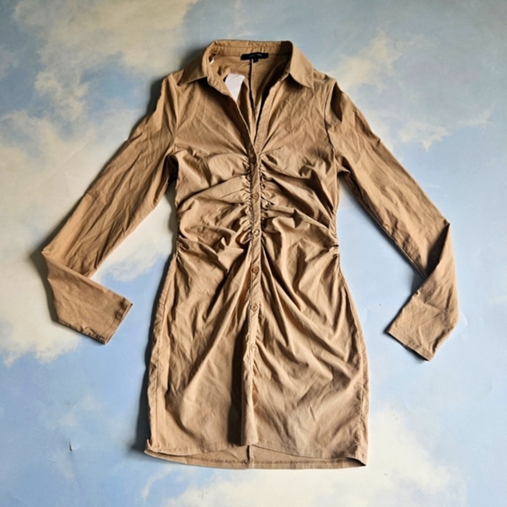 Tan Ruched Dress Button Down Long Sleeve Bodycon Dress Collared Mini Dress